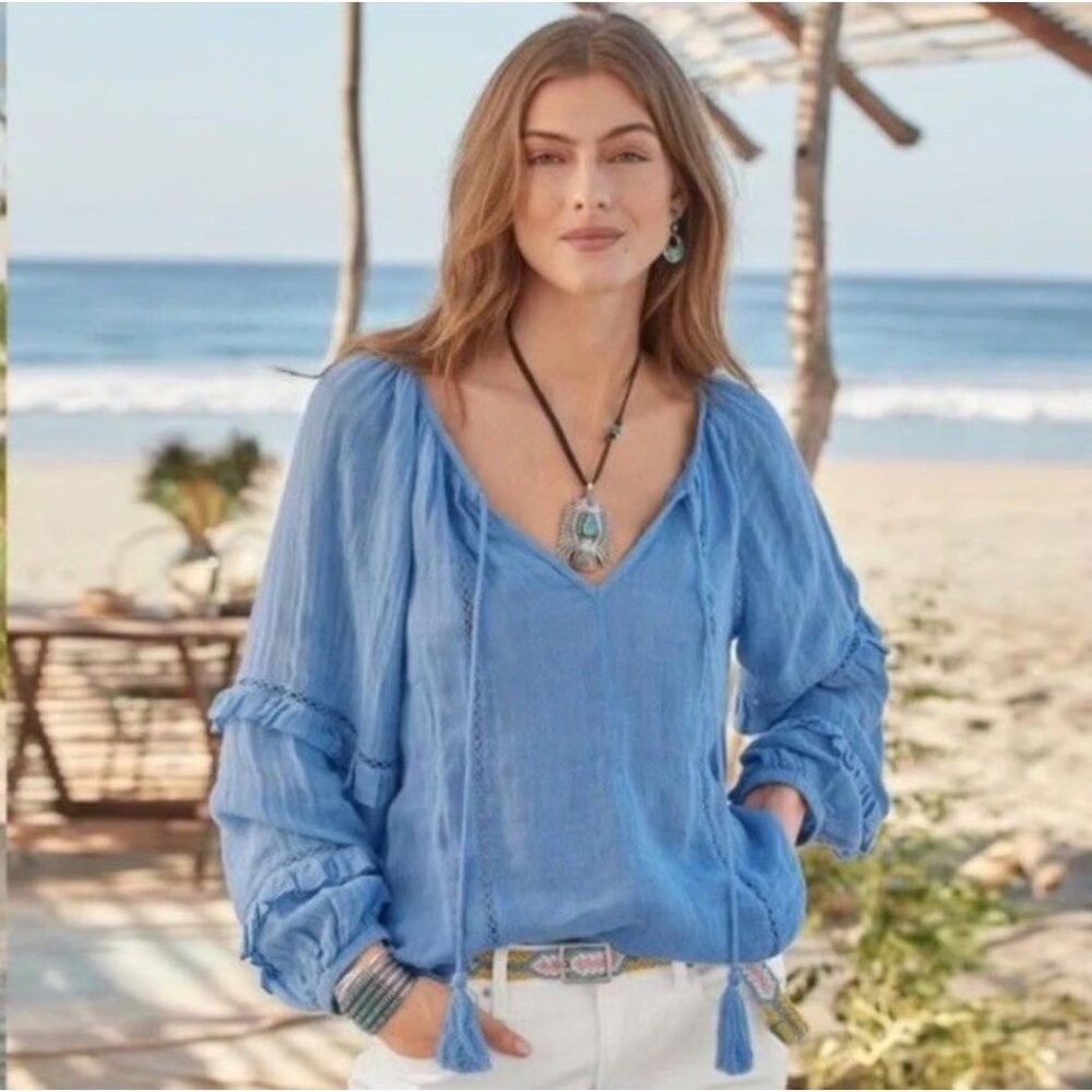 Sundance Linen Maiden Peasant Blouse Blue Bohemian Tunic size S Oversized fit